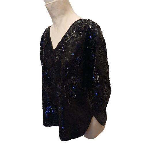 Exotic Formal Beaded Sequin Top L Black Short Sleeve NY Party Christmas Holiday - Picture 7 of 17